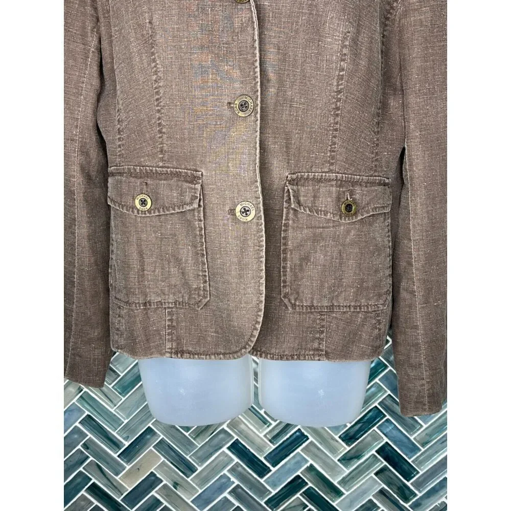 MICHAEL MICHAEL KORS WOMENS BROWN NEUTRAL LINEN BLEND FITTED JACKET BLAZER SZ 10